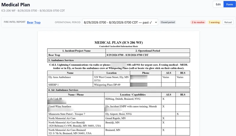 The ICS-206 Medical Plan for an operational period, with ambulance and air ambulance services filled in.