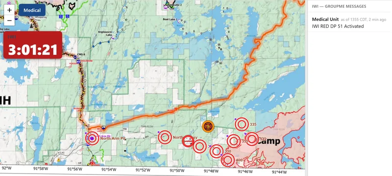 Live incident map during an Incident Within an Incident: a red IWI timer, medical resources ringed at their drop points, and the medical group’s messages beside the map.